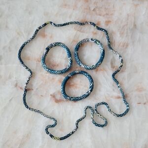 Mix Blue Gold Silver Metal Perforated Stretchy Set, Necklace, and 3 Bracelets